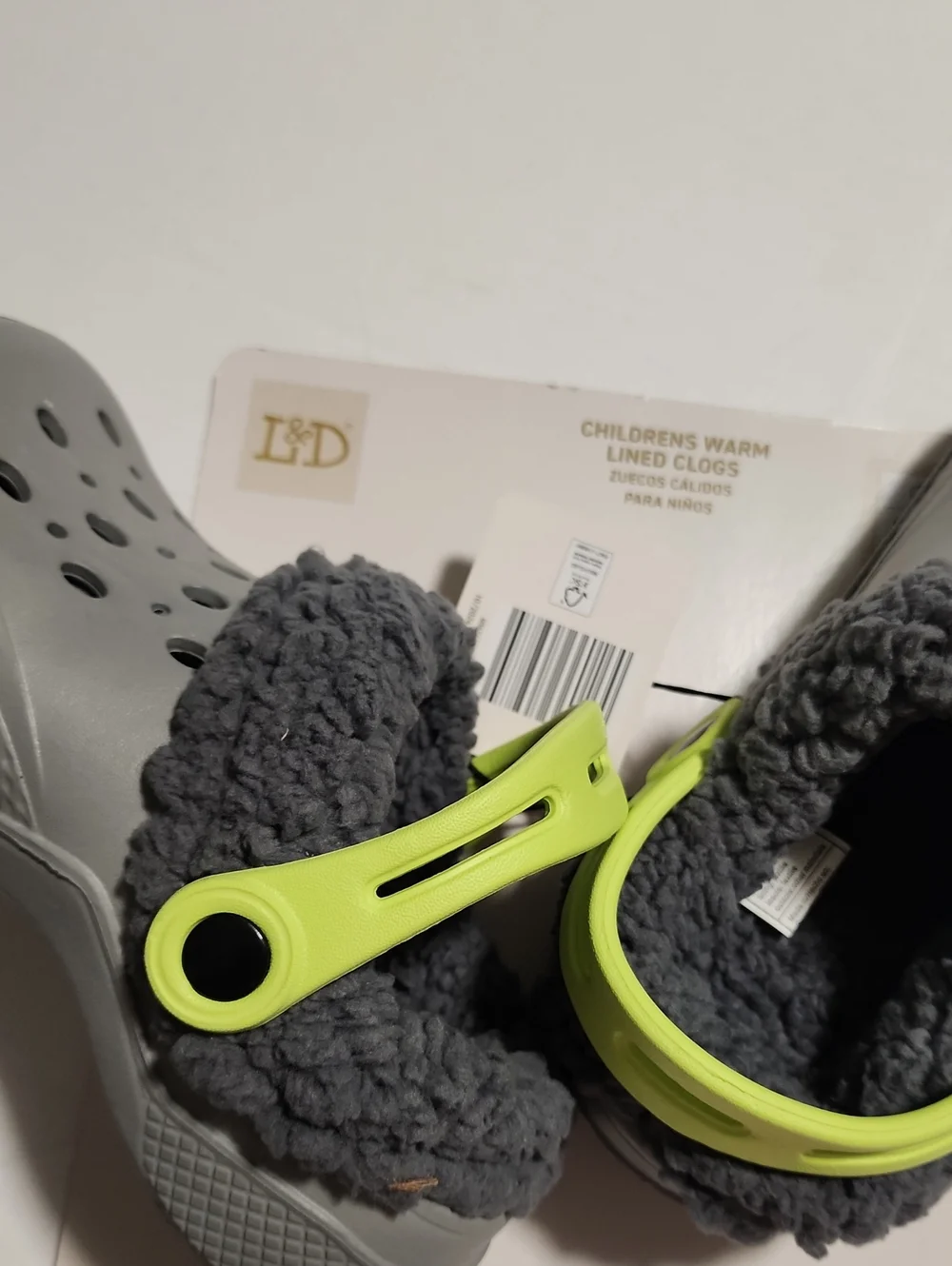 L&D Children's Warm Lined Clogs - Gray with Lime Strap, Size LittleKid13/BigKid1